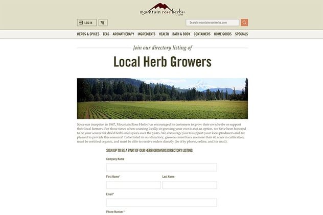 Screen Shot of Herb Farm Resource Sign Up Form 