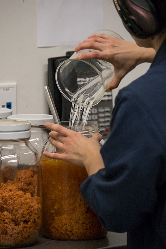 Pouring alcohol into jar of fresh turmeric