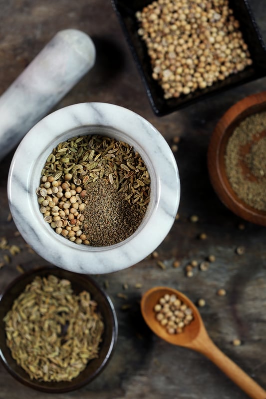 Coriander, fennel, and celery seeds in a white marble mortar and pestle.