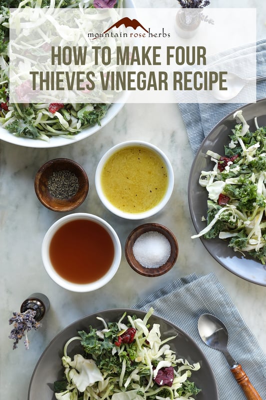 Four thieves vinegar can be useful in many ways, including when made into a vinaigrette for topping healthy salads. Using olive oil as an emulsifier, this vinaigrette is tangy and continues to deliver wellness supporting herbs and spices.  