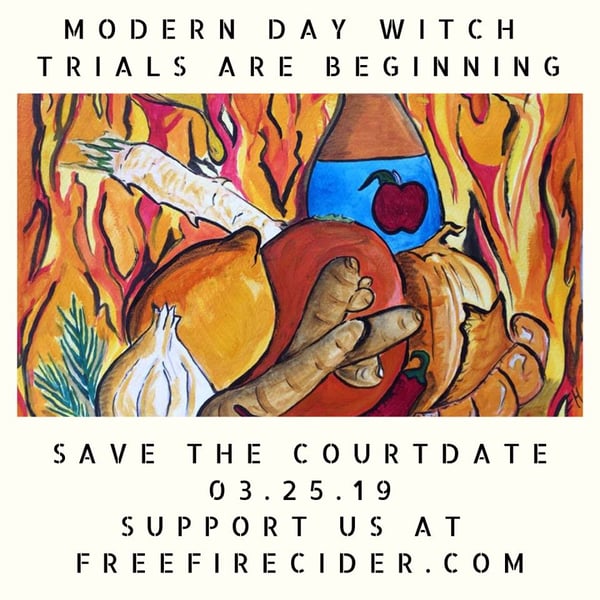 Illustrated campaign poster supporting crowdfunding efforts for the Free Fire Cider court battle that began in March of 2019.