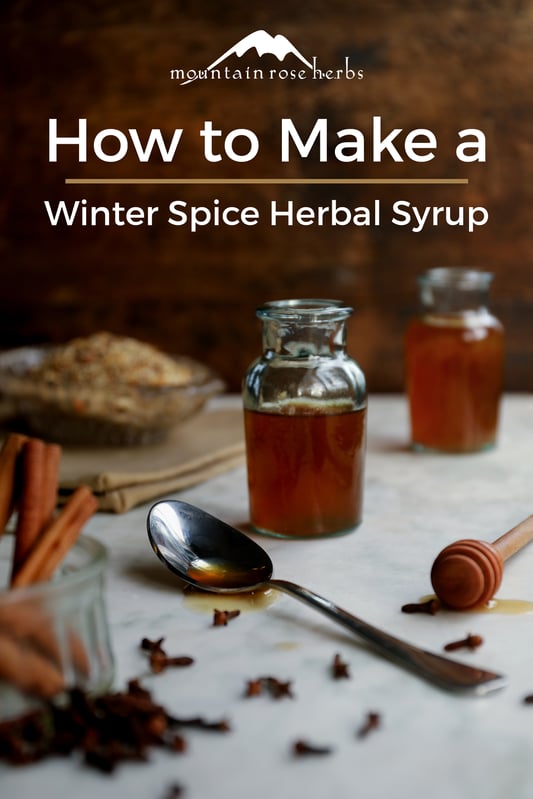 A spice bottle filled with a winter herbal syrup made from organic wellness herbs like echinacea purpurea, cinnamon, fennel, cloves, marshmallow, and ginger. A spoonful of herbal syrup made with licorice root and honey. 