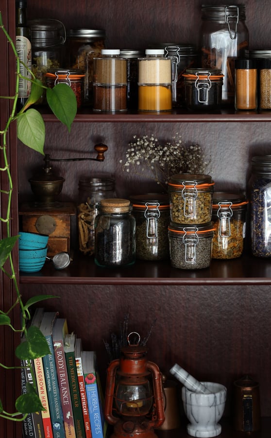 A home herbal apothecary in a bookshelf, with jars of herbs, spices, oils and herbal education books.