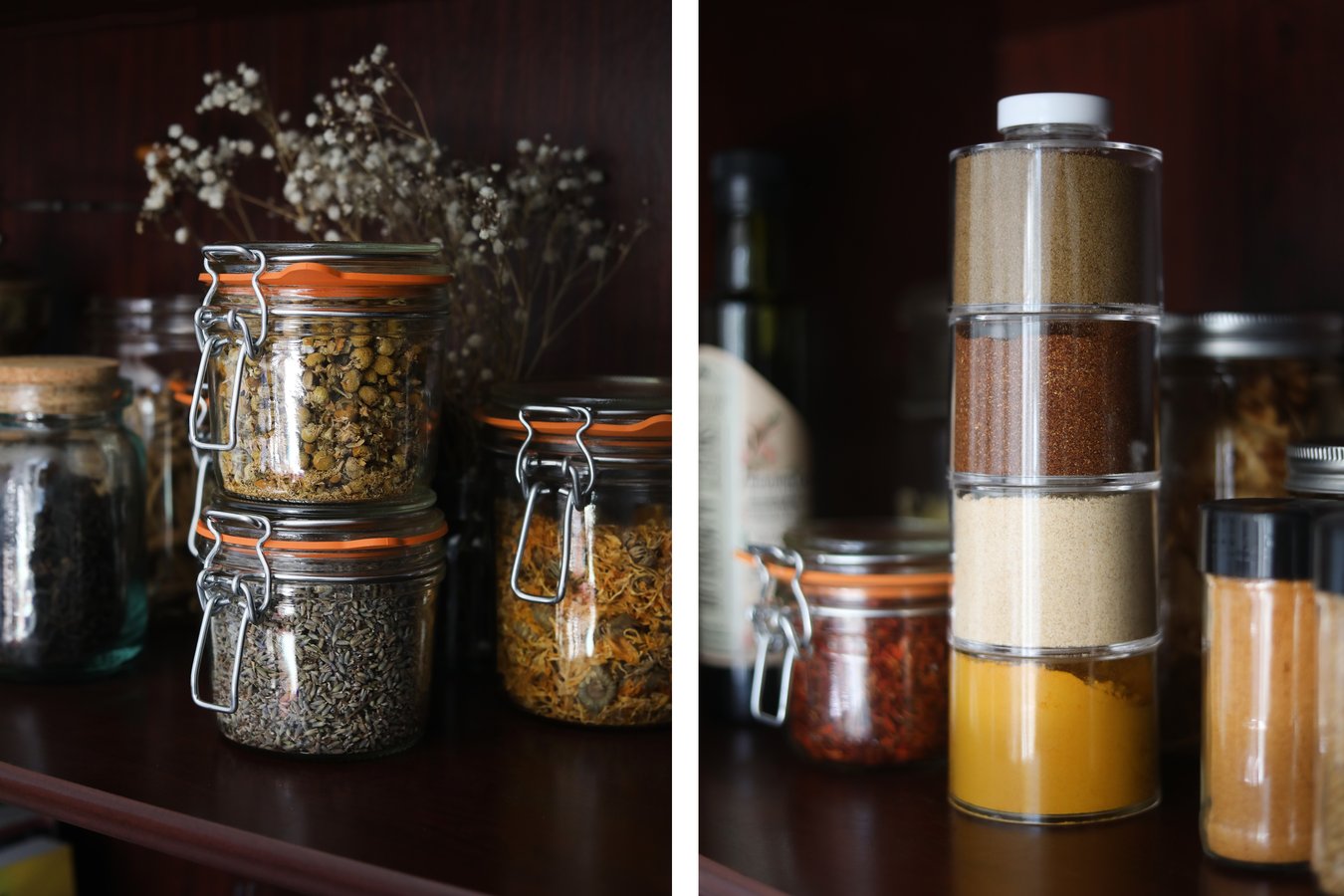 Home apothecary jars full of herbs and spices