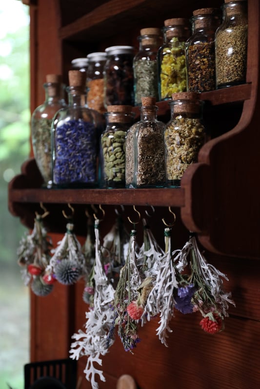 Herbal apothecary shelf with glass cork top bottles filled with dried herbs with hanging dried plants below