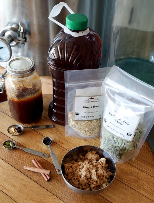 Bagged and bottled colorful ingredients about to be used in recipe