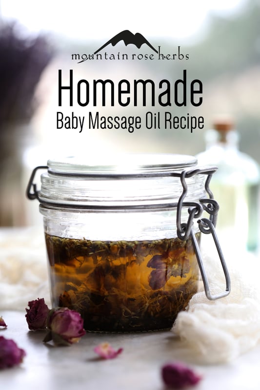 Homemade baby massage oil Pinterest pin from Mountain Rose Herbs.