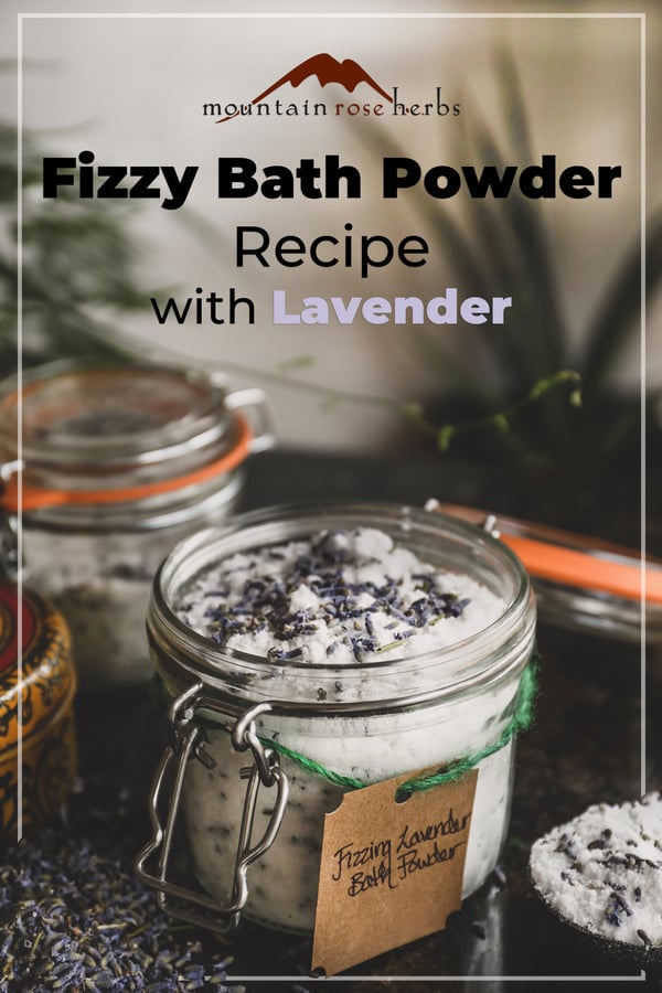 Fizzing lavender bath powder in a labeled gift jar