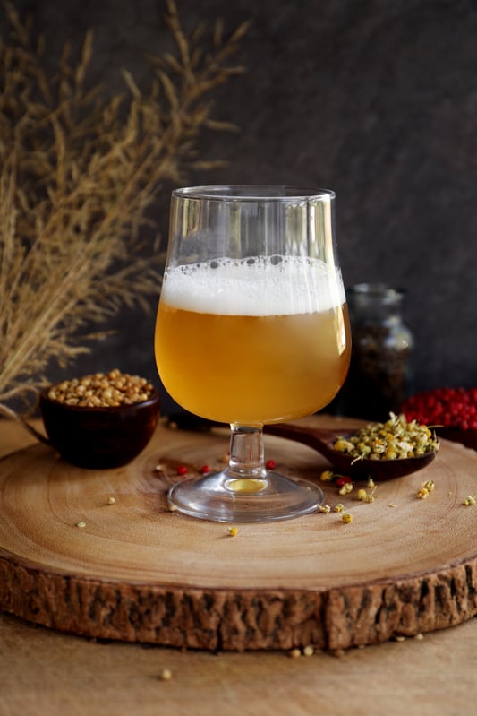 A glass of frothy herbal witbier and herbal brewing ingredients such as chamomile flowers and coriander seeds. Golden witbier in a tulip beer glass. 