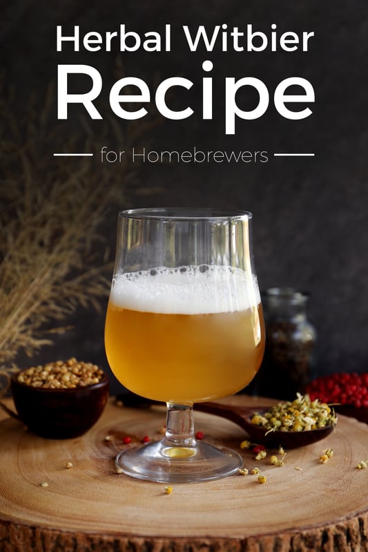 Pinterest link to Mountain Rose Herbs. A glass of frothy herbal witbier and herbal brewing ingredients such as chamomile flowers and coriander seeds. Golden witbier in a tulip beer glass. 