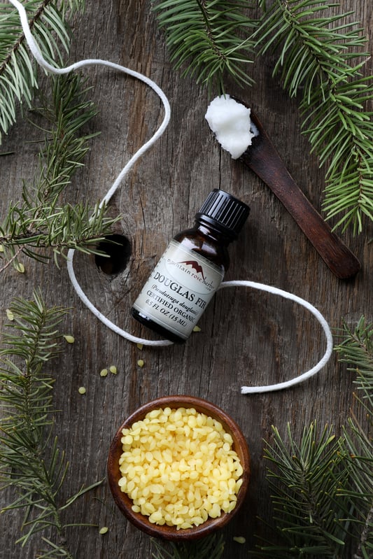 Bottle of essential oil with candle wick, beeswax and evergreeen foliage in background