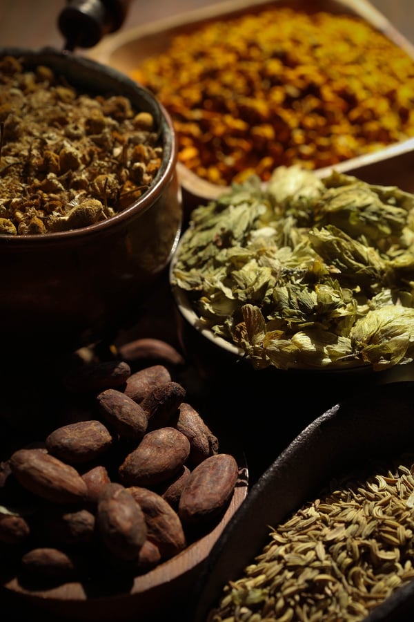 A variety of bitters herbs in bowls