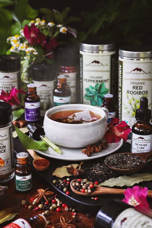 An assortment of organically grown Mountain Rose Herbs' products
