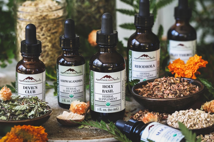 An assortment of adaptogenic herbs on a counter