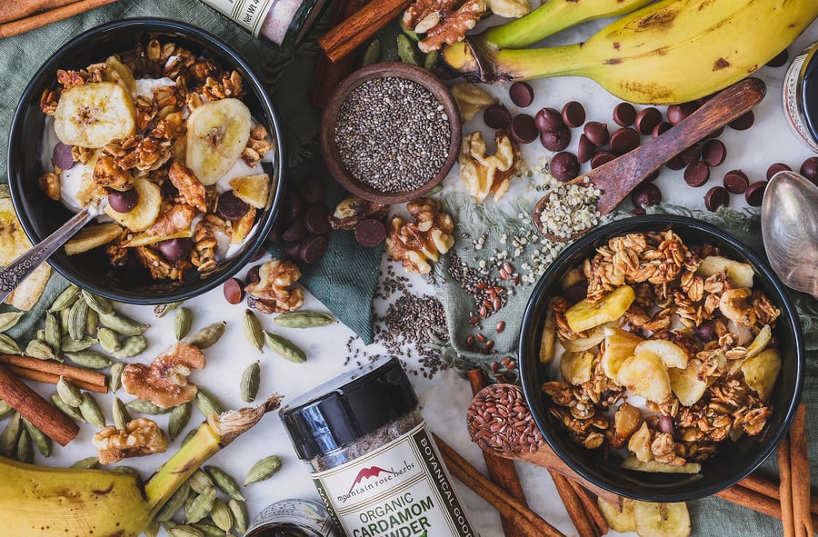 Overhead photo of bowls of banana bread granola 