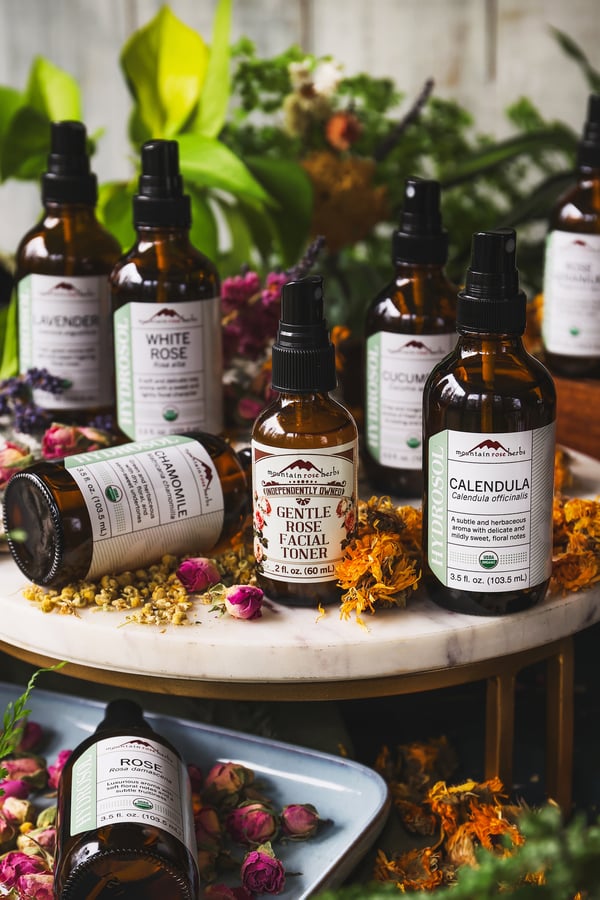 An assortment of hydrosols and the gentle rose toner