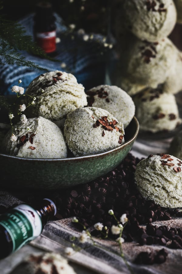Chocolate mint bath truffles sit in a bowl, so cute that you wish you could eat them.