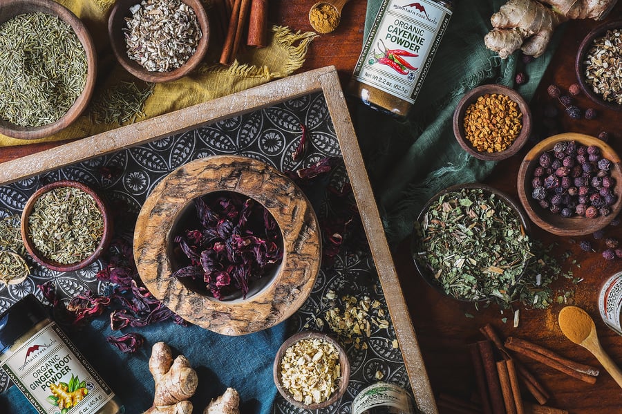 An overhead photo of circulatory supporting herbs and spices