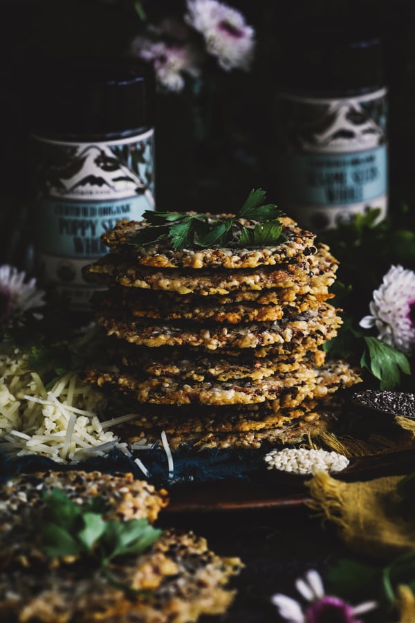 A stack of homemade gluten-free seed crackers