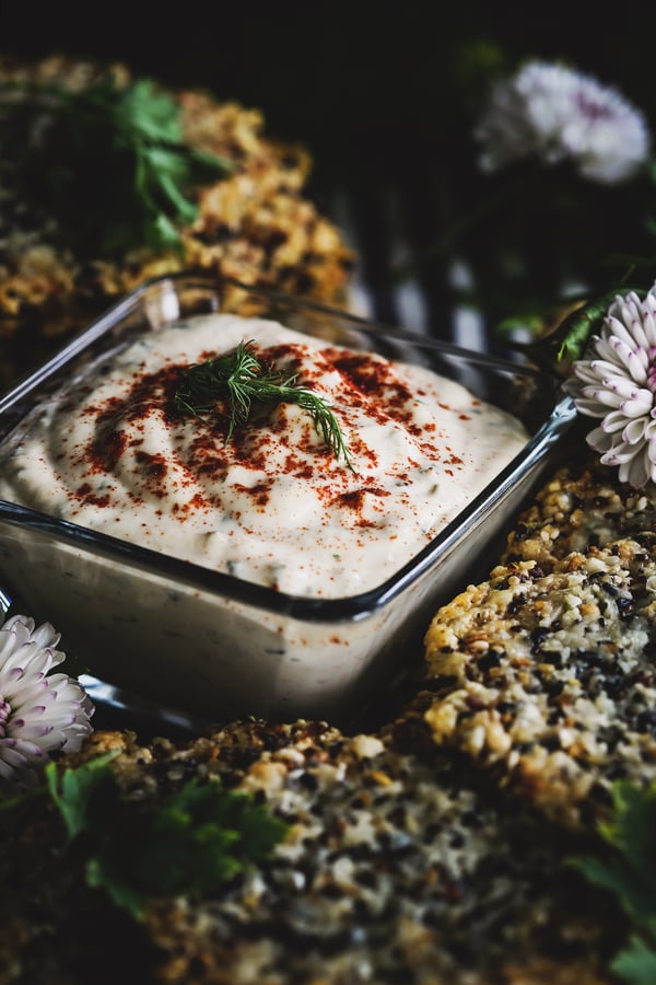 Homemade herb dip made with cashew sour cream and organic dried herbs