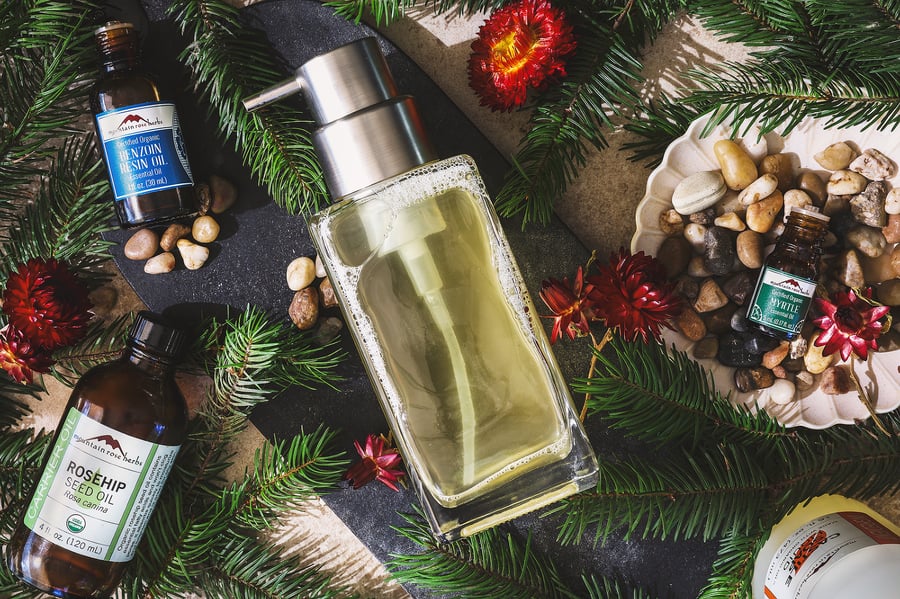 An overhead photo of evergreen scented foaming hand soap