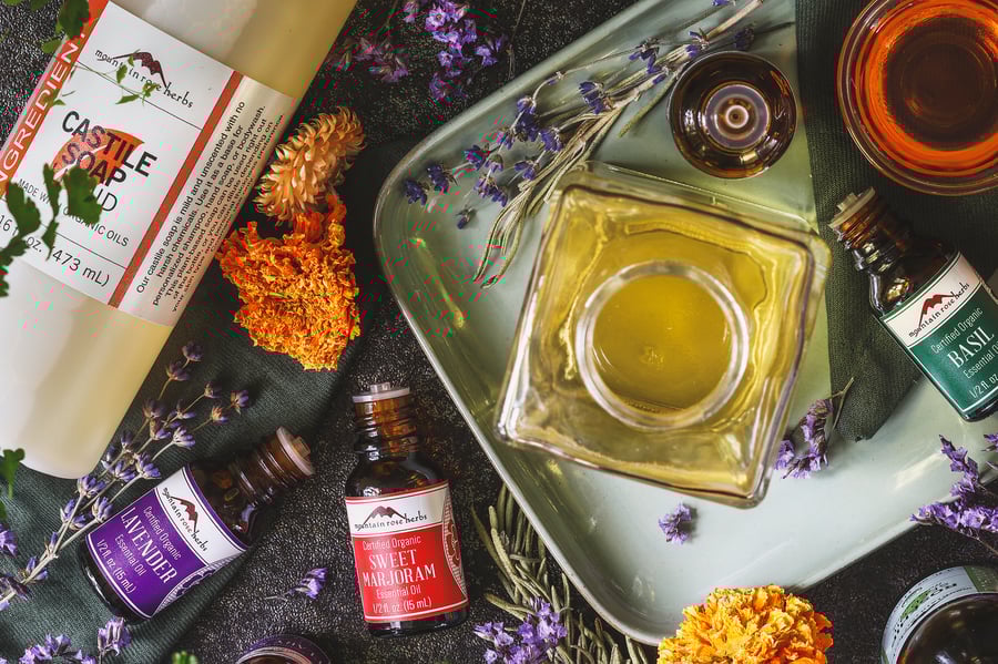An overhead photo of the ingredients needed for DIY foaming hand soap reicpe