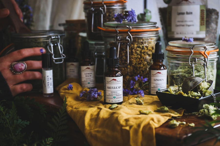 A photo of herbs and extracts that aid in stress management