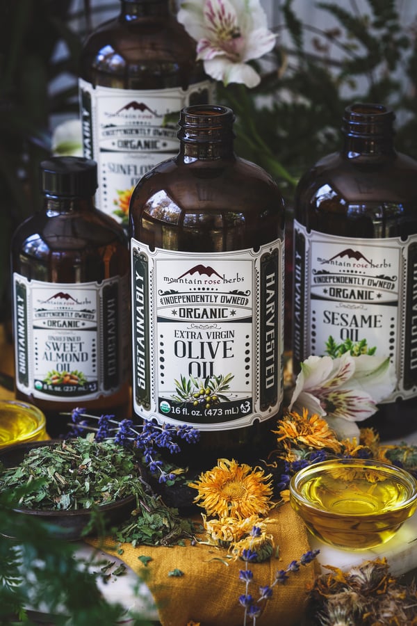 Jars of mountain rose herbs oils suitable for making herbal oils 