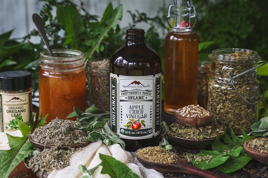 Apple cider vinegar with dried and fresh herbs around it