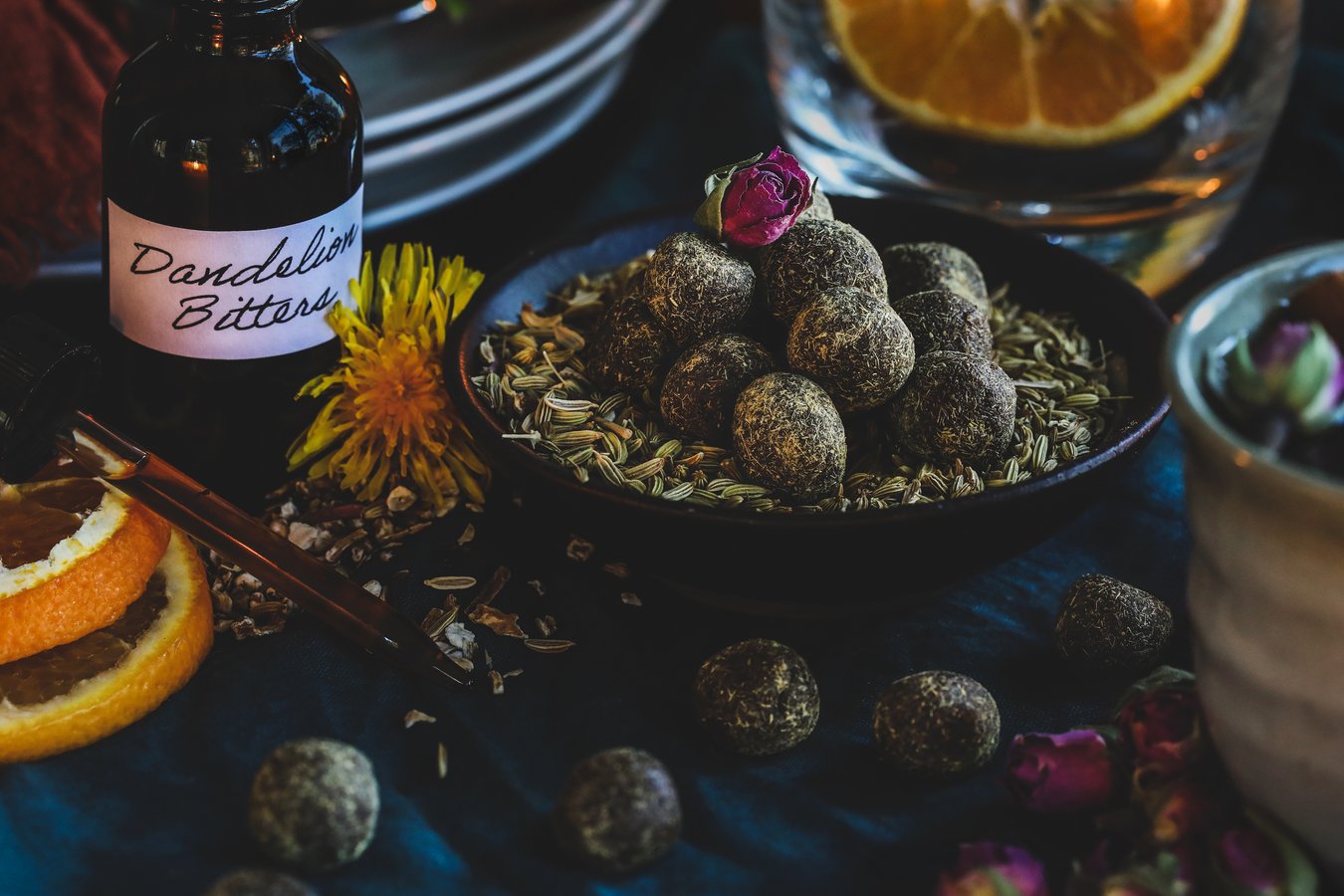 A variety of herbs for healthy digestion with homemade pastilles and bitters.