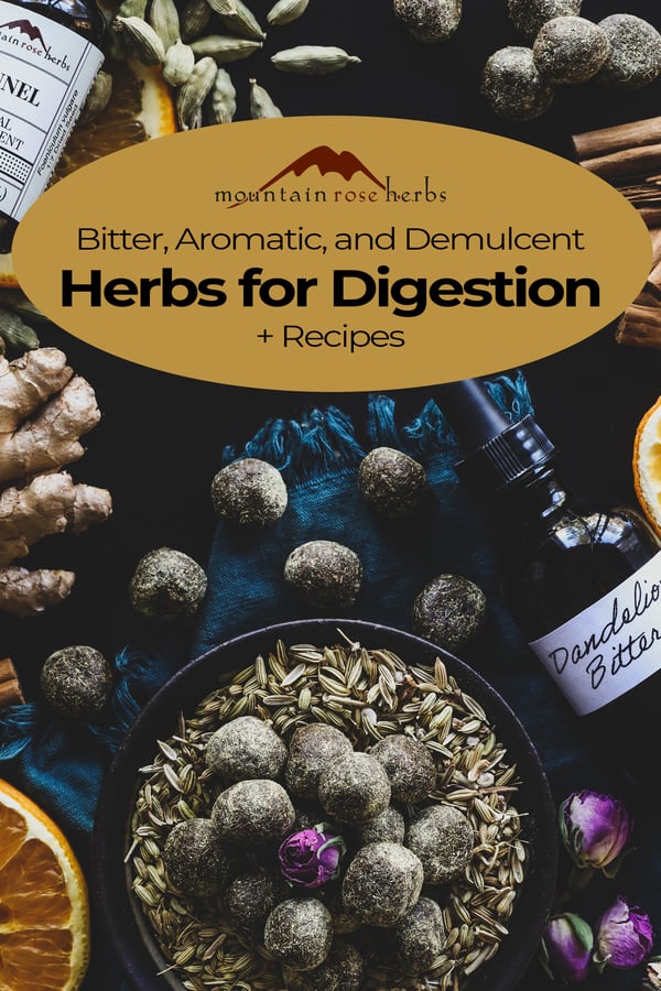 Bitters, Aromatics, Demulcents: Herbs for Digestion + 3 Recipes Pinterest pin for Mountain Rose Herbs