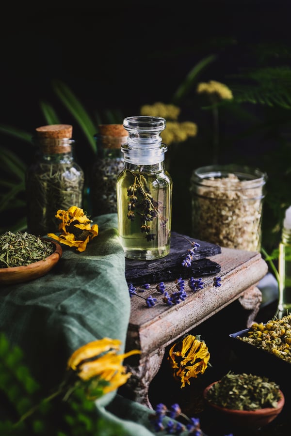 A variety of herbs for skincare with lavender in witchhazel.