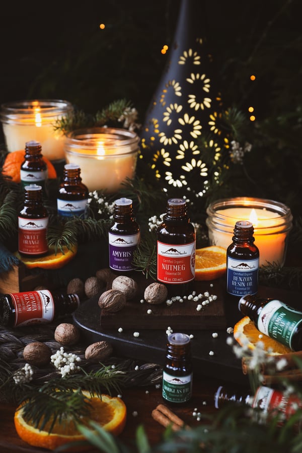 An assortment of holiday themed essential oils