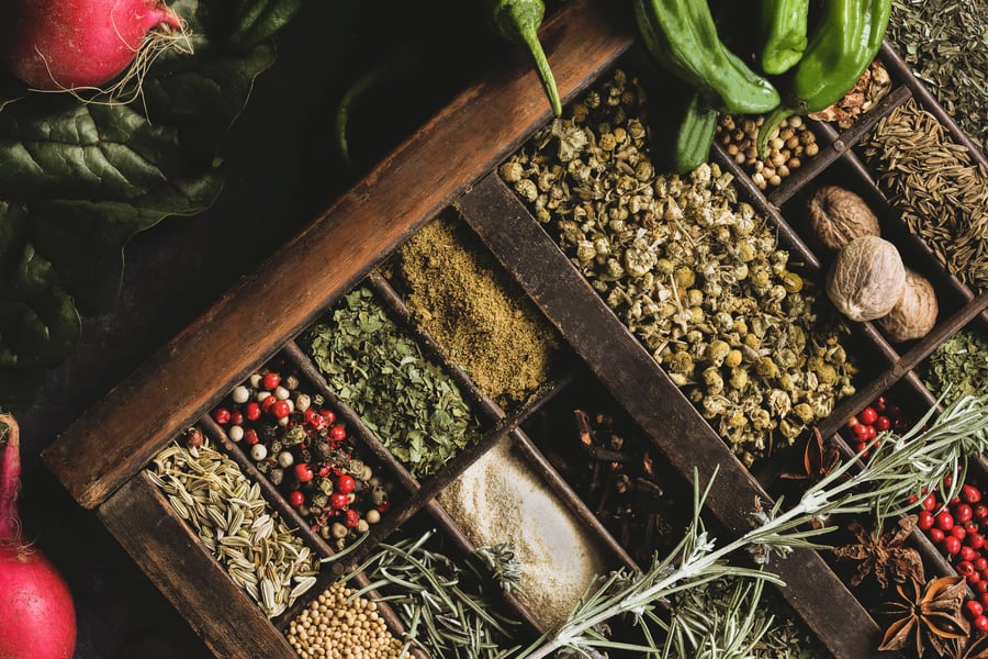 A drawer filled with bulk herbs and spices