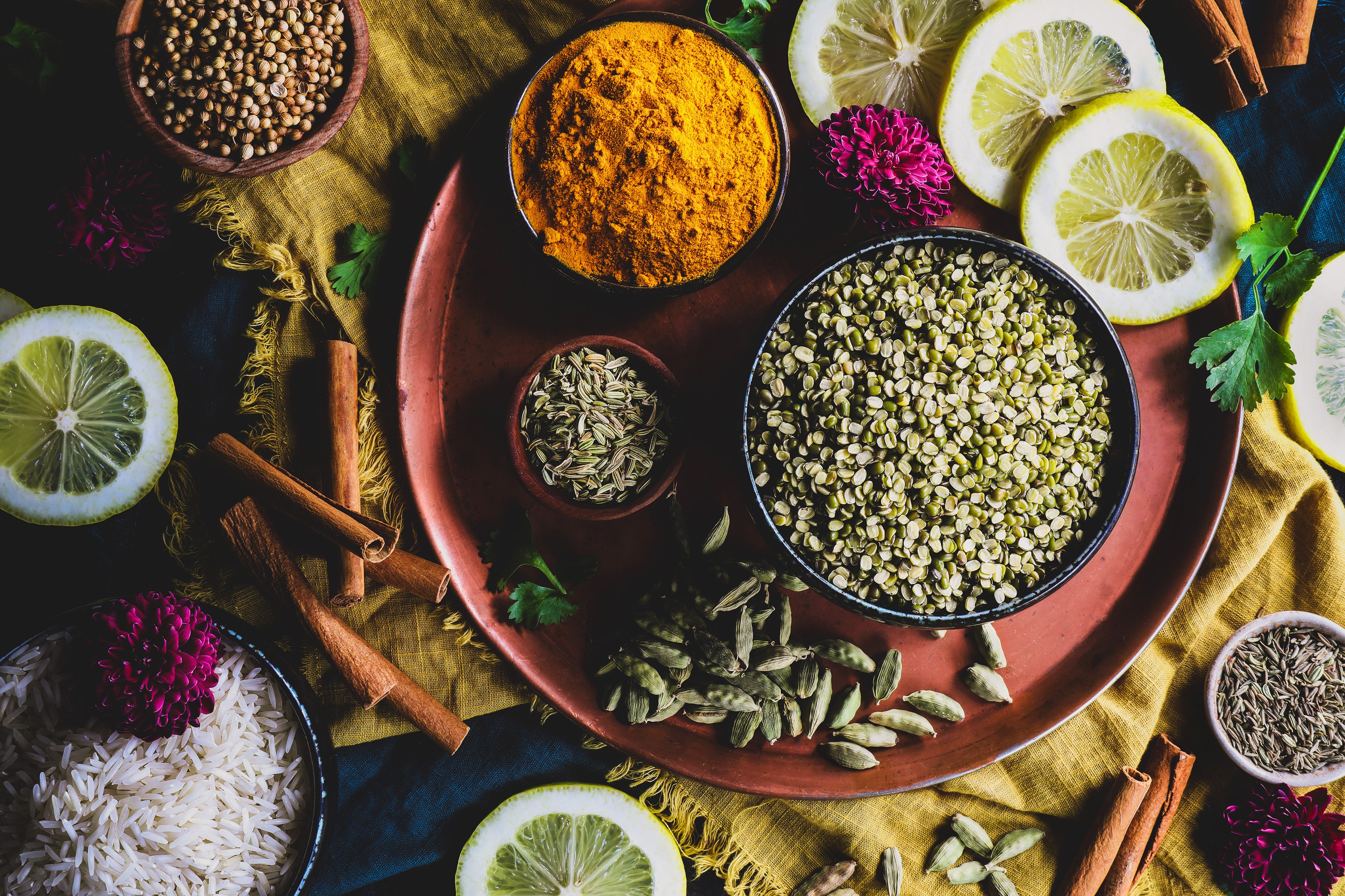 Colorful spices used to make traditional kitchari. 