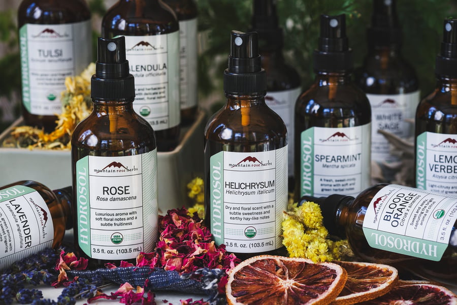 An assortment of Mountain Rose Herbs' organic hydrosols