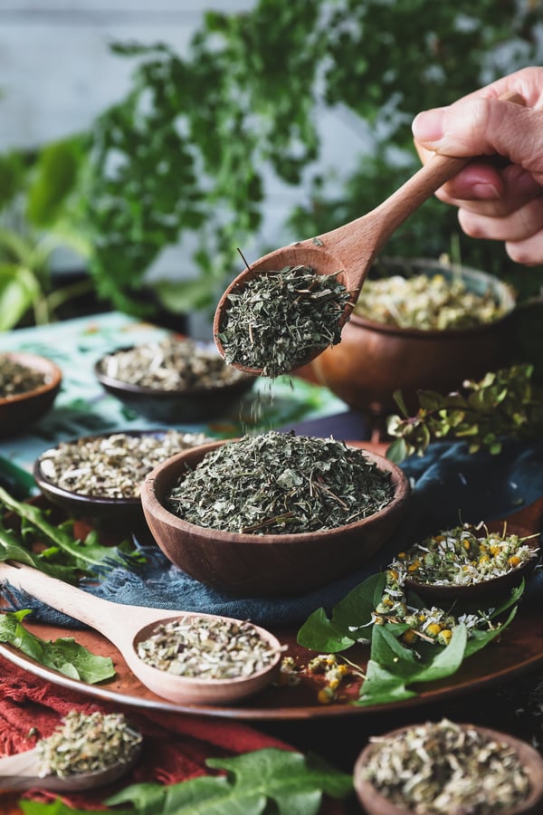 A bowl of dried lemon balm with other bitter herbs around it