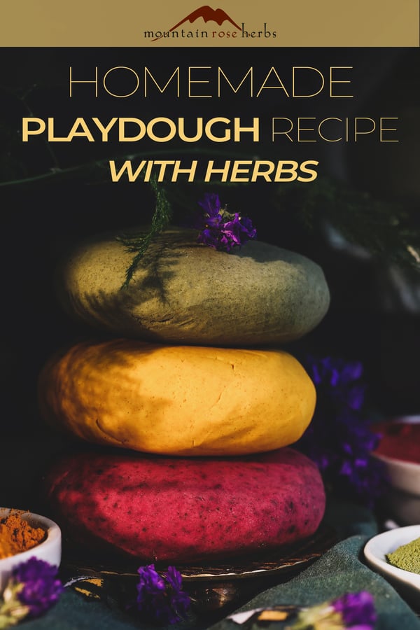 Homemade Playdour: No-Cook Playdough Colored with Herbal Powders Pinterest pin for Mountain Rose Herbs.