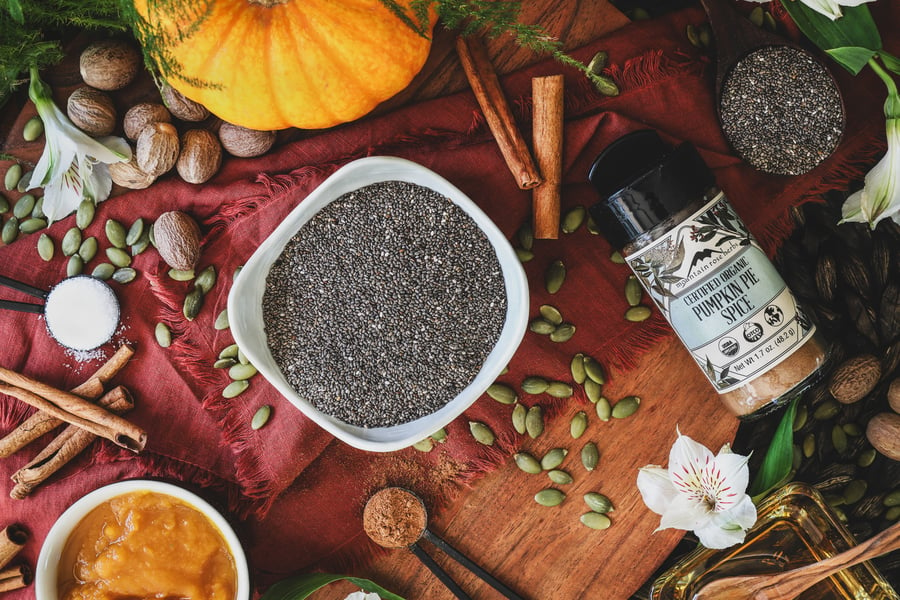 Ingredients for pumpkin spice chia seed pudding laying out