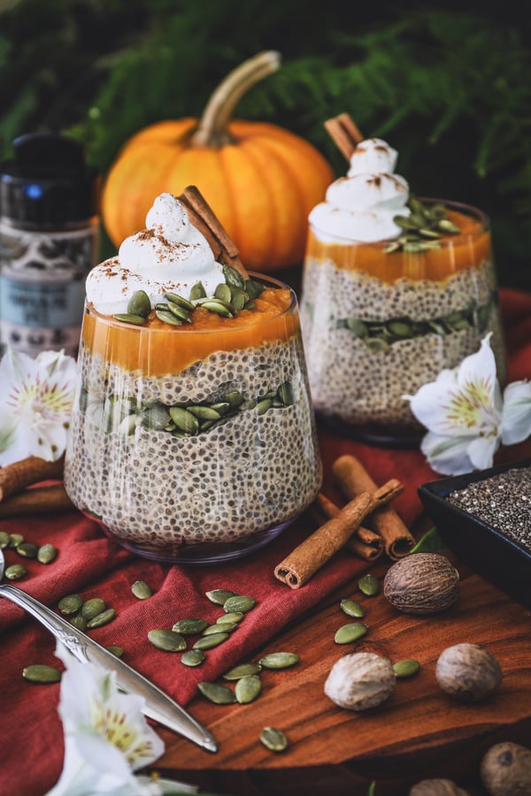 Pumpkin spice chia seed pudding sits out on a table