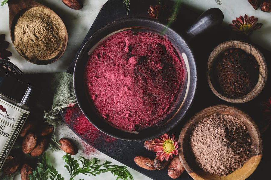 Ingredients for red velvet latte powder in bowls ready to be mixed together