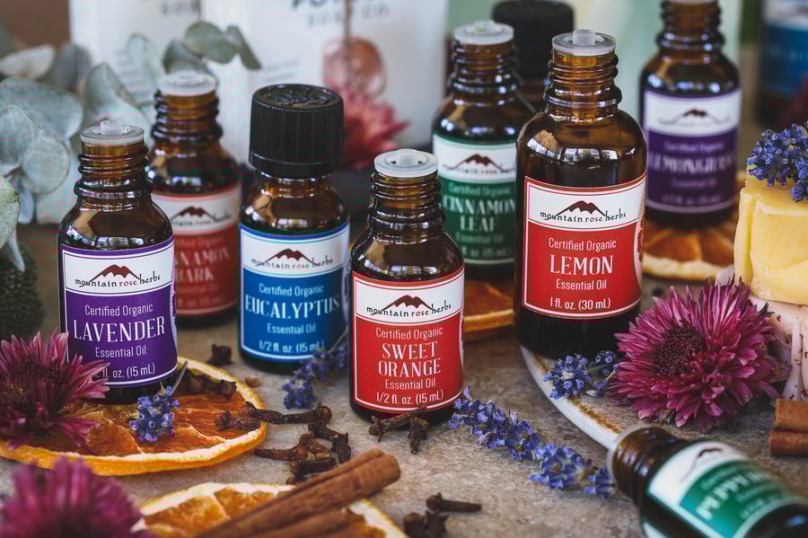 Essential oils from popular scent families lined up on counter