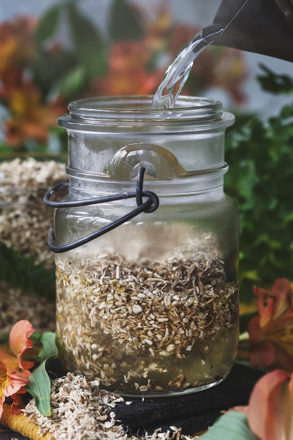 Hot water being poured into a glass jar with marshmallow root in it 