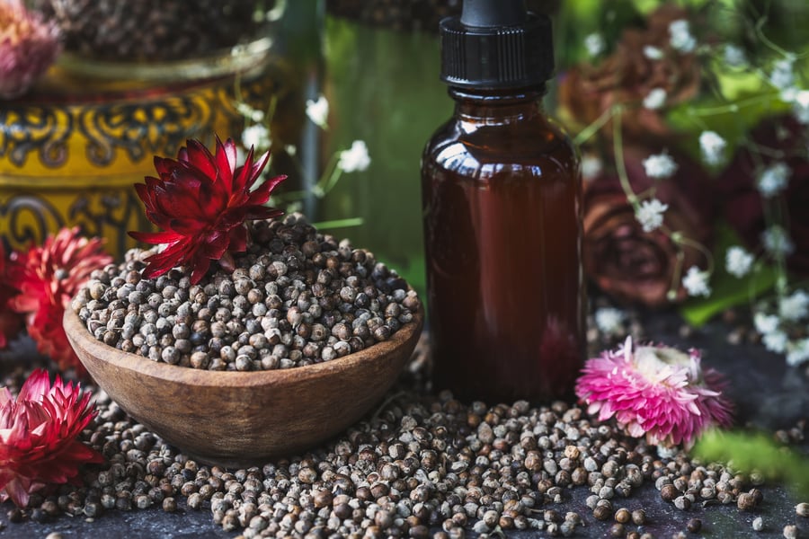 A photo of a small bowl of dried vitex berries beside homemade tincture