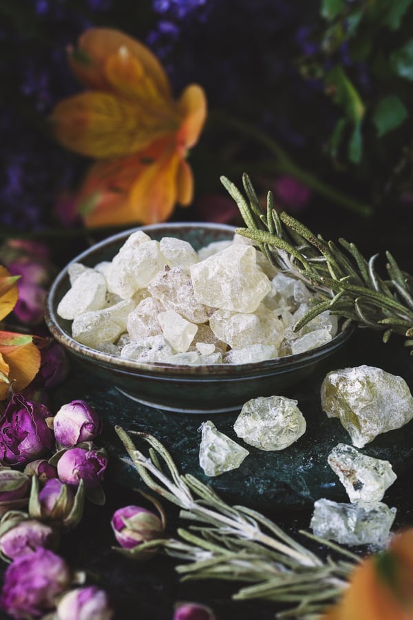 A small dish filled with copal resin with dried rosemary and rose buds nearby