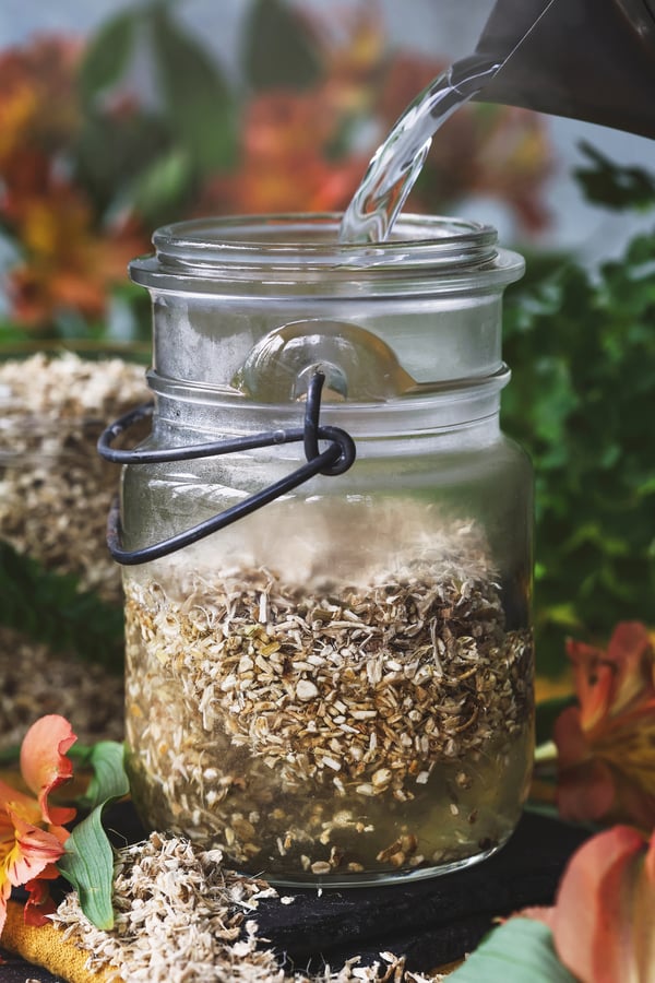 Hot water being poured into a jar with marshmallow root in it
