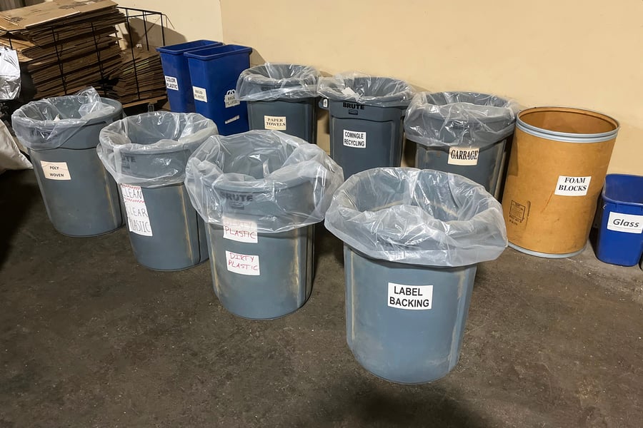 An assortment of recycling bins used for our extensive zero waste program