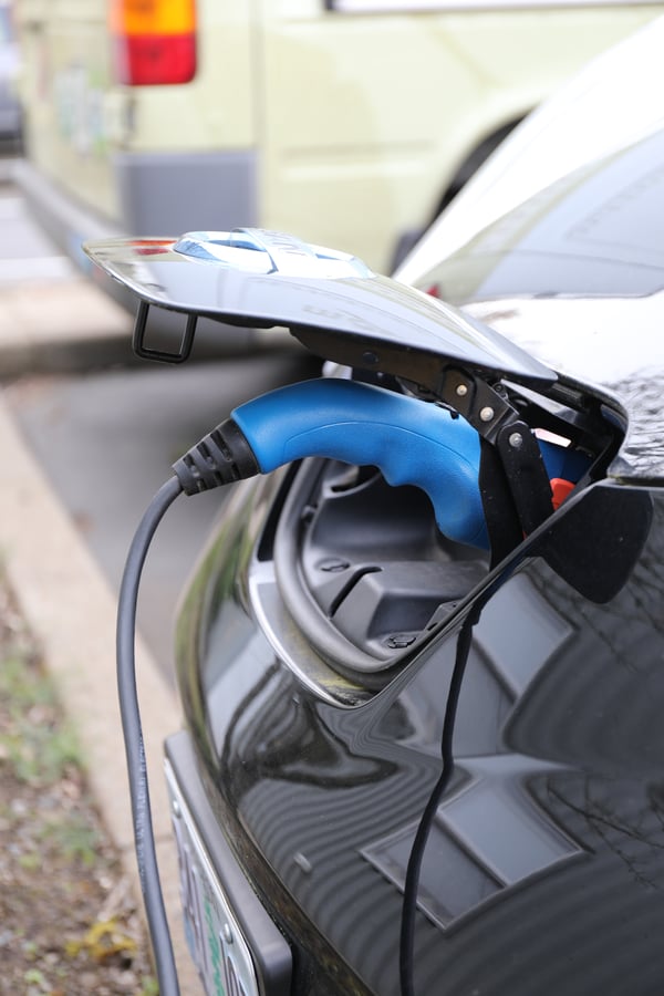 Electric car charging station at Mountain Rose Herbs in Eugene, Oregon. 