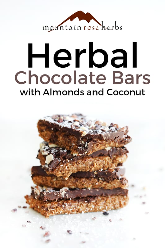 Finished herbal chocolate bars with almond butter and coconut flakes. 