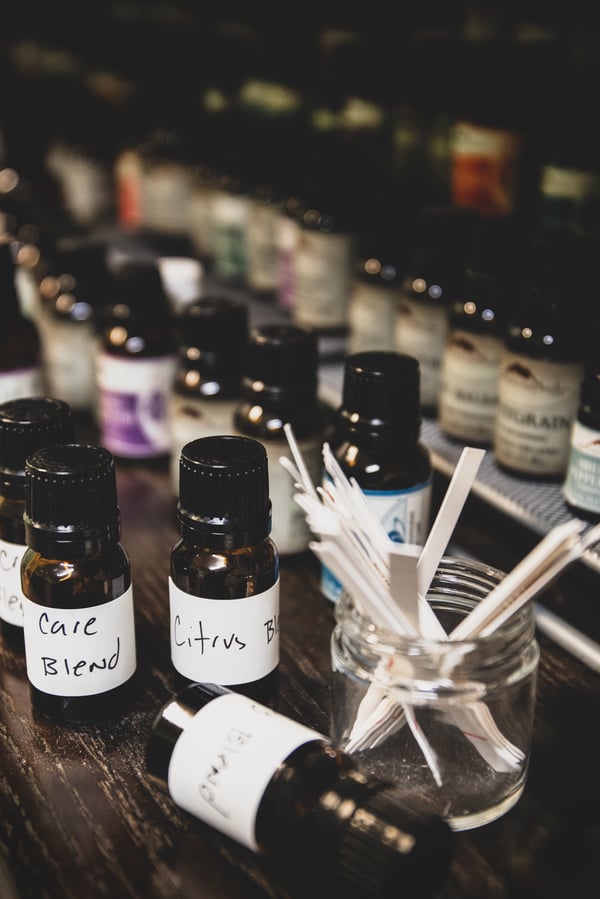 Bottles of essential oils and supplies to create custom aromatherapy blends